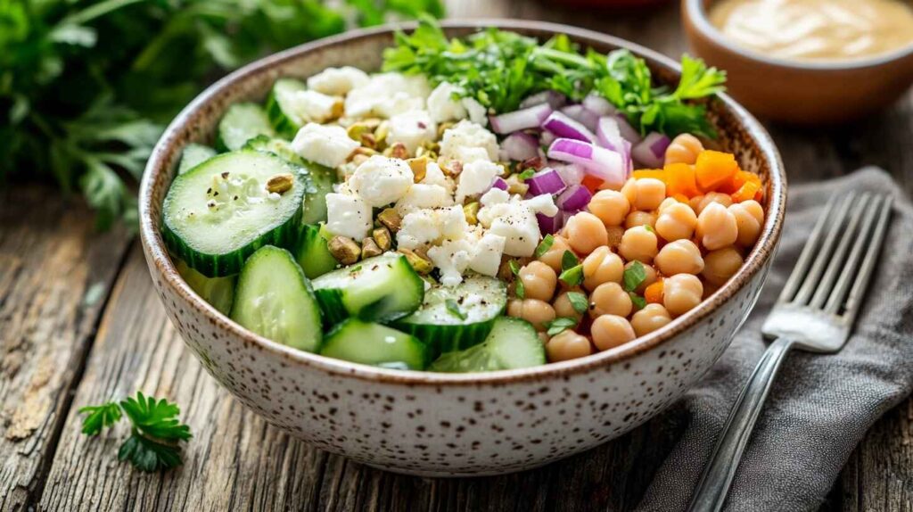 Jennifer Aniston's Perfect Salad: The Iconic Recipe Everyone's Talking About 12 The salad has vibrant green parsley, golden chickpeas, and crumbled white feta cheese