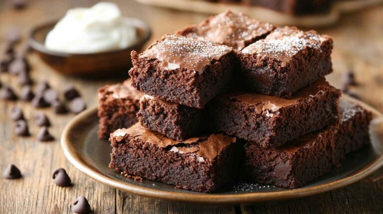 How to Bake Perfect Oreo Brownies with no Dairy 23 A stack of Greek yogurt brownies with a glossy top, served on a wooden plate, dusted with powdered sugar.
