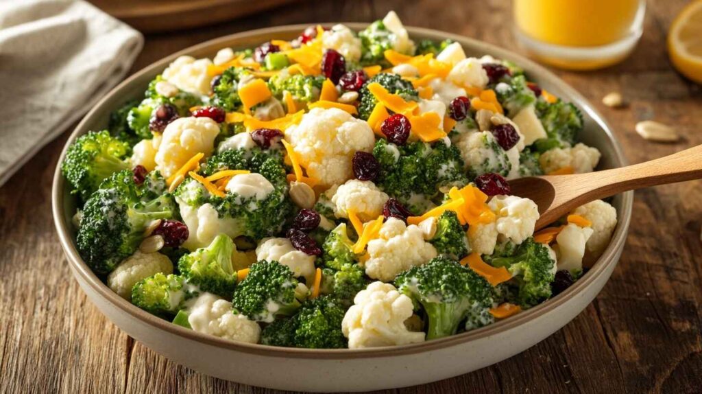 A bowl of fresh broccoli cauliflower salad with colorful toppings, placed in a bright kitchen setting.