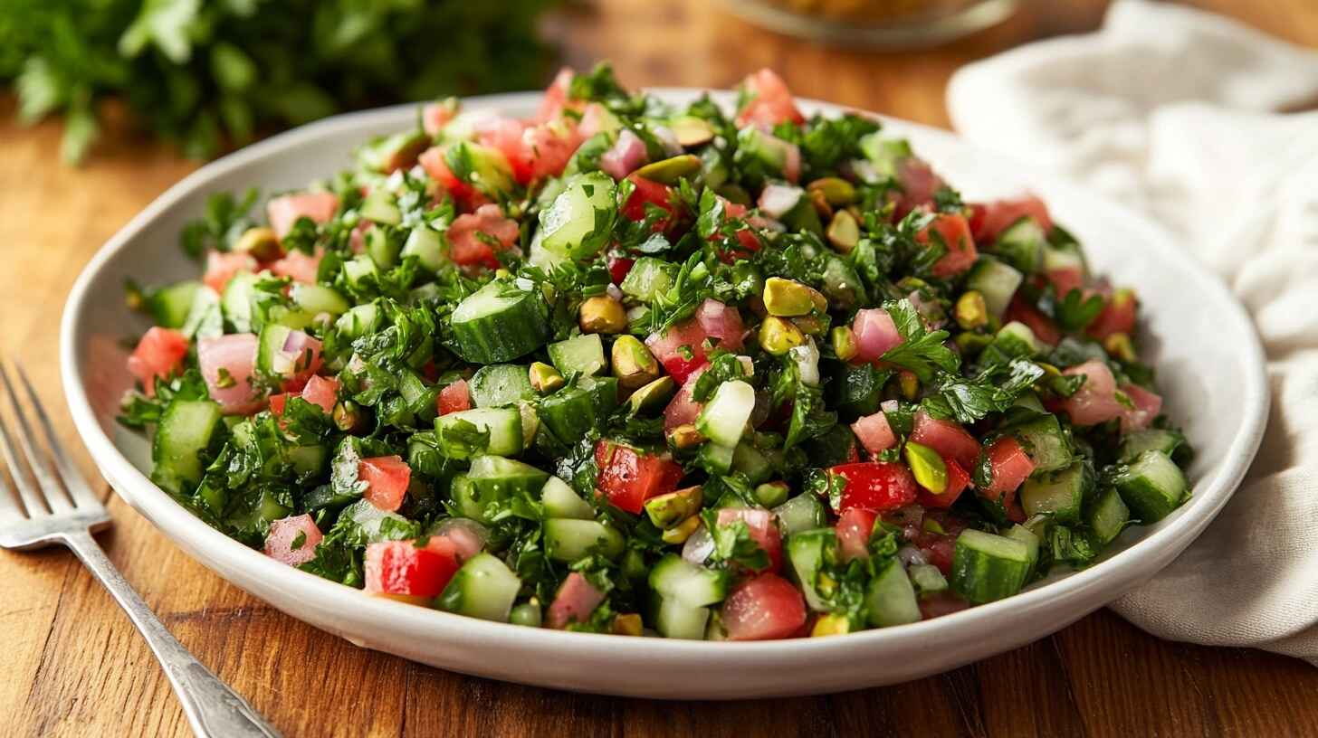 Jennifer Aniston's Perfect Salad: The Iconic Recipe Everyone's Talking About 9 A beautifully styled plated salad on a wooden table.