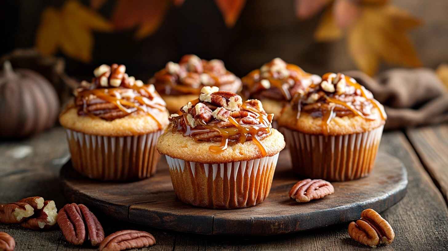 How To Make Pecan Pie Cupcakes A Perfect Fall Treat 11 Delicious pecan pie cupcakes with caramel drizzle and pecan toppings on a wooden table.