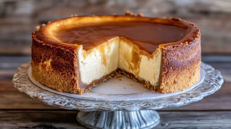 How To Make Vanilla French Beignets 22 A rich caramel cheesecake with a golden crust, smooth caramel drizzle, and a slice slightly removed, showcasing its creamy texture.