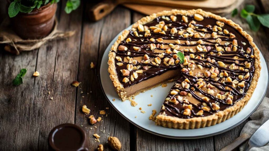 A delicious no-bake peanut butter pie with a chocolate drizzle, served on a white plate with a rustic wooden background.
