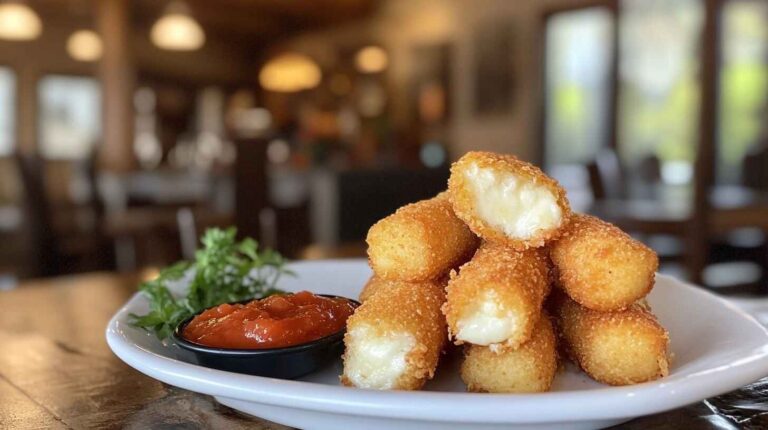 Golden crispy air fryer mozzarella sticks with marinara sauce on a white plate.