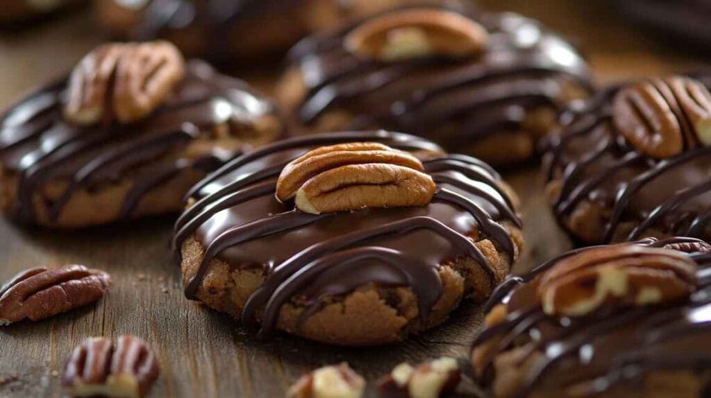 "Turtle cookies with caramel drizzle, chocolate, and pecans on a rustic wooden table."