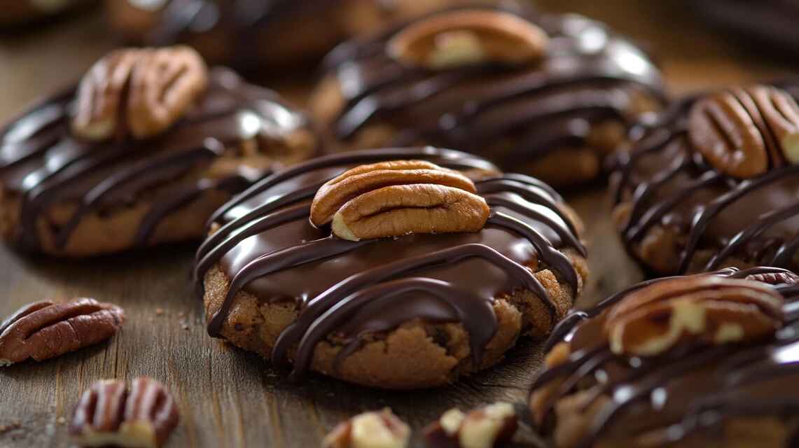 The Best Turtle Cookie Recipe You’ll Ever Try Step-by-Step Guide 13 "Turtle cookies with caramel drizzle, chocolate, and pecans on a rustic wooden table."
