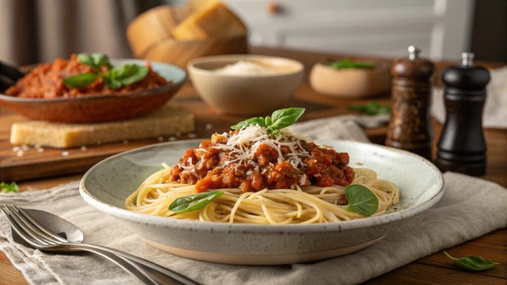 A Hearty Plate Of Lentil Bolognese With Spaghetti