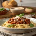 A Hearty Plate Of Lentil Bolognese With Spaghetti