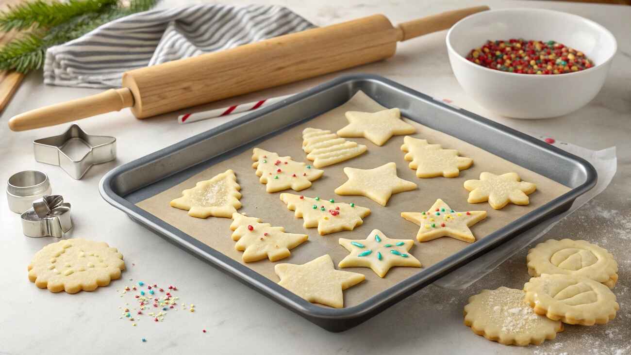 How to Make the Best Rolled Sugar Cookies for Any Occasion 7 "Freshly baked rolled sugar cookies in festive shapes with icing and sprinkles on a baking tray in a cozy kitchen setting."