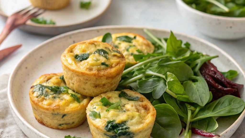 Healthy egg muffins with spinach on a white plate.