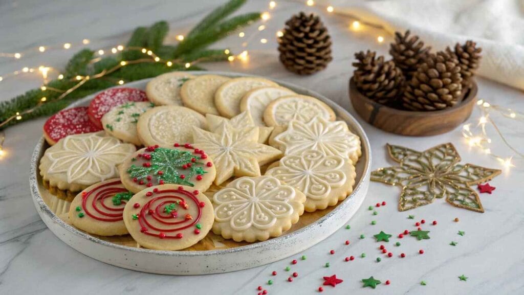 How to Make the Best Rolled Sugar Cookies for Any Occasion 9 "A platter of beautifully decorated rolled sugar cookies with intricate icing designs, surrounded by festive decorations."