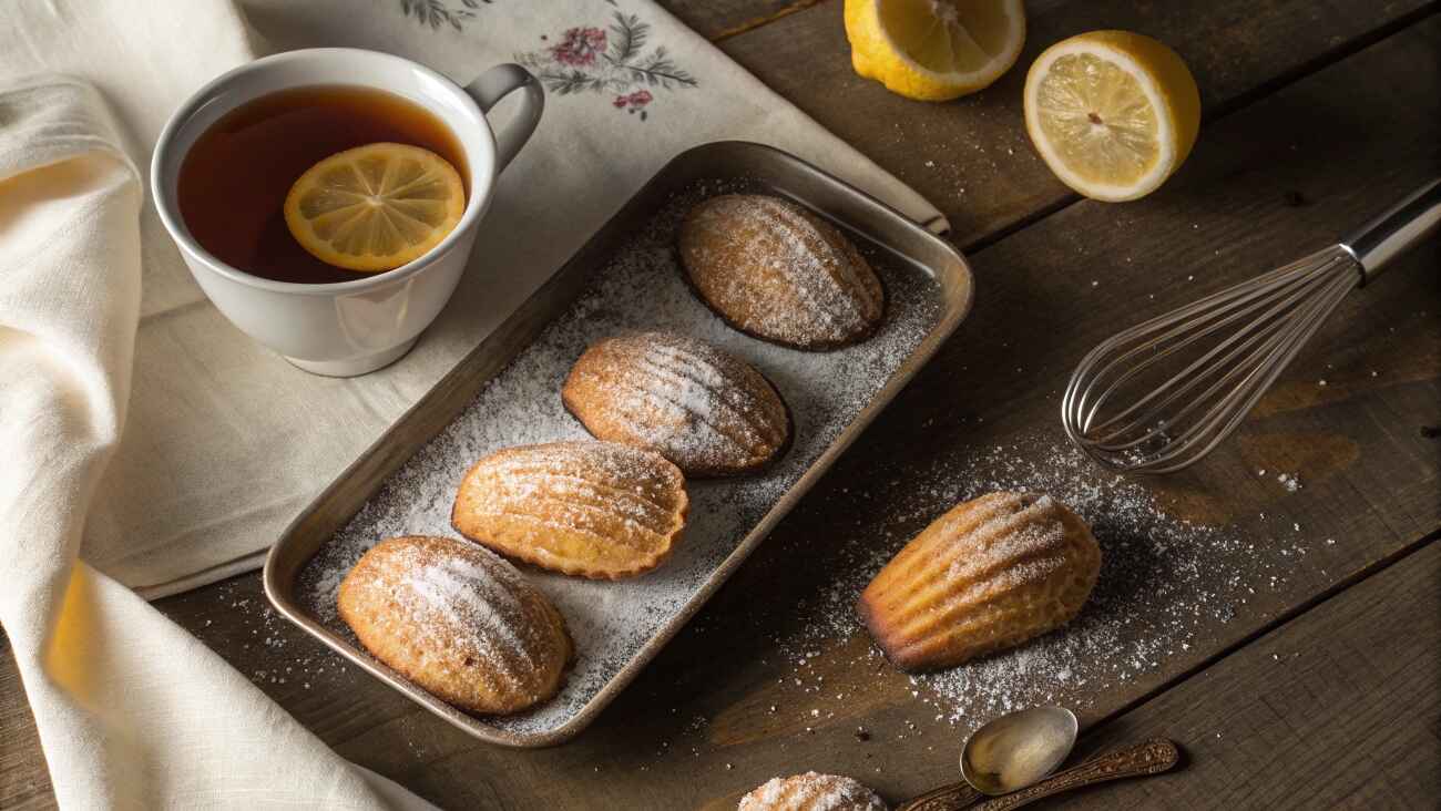 Madeleine Magic A Taste of French Elegance in a New York Neighborhood 8 A cozy flat lay of freshly baked golden-brown madeleines with powdered sugar next to a steaming tea cup and baking utensils.