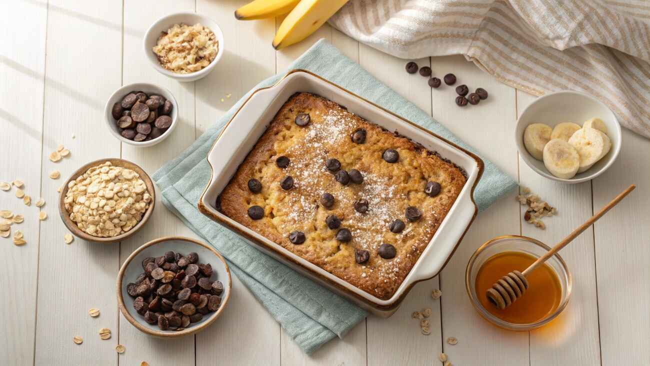 9 Reasons to Love This Cookie Baked Oatmeal Recipe 8 A fresh batch of cookie baked oatmeal served on a breakfast table with ingredients and kitchen props.