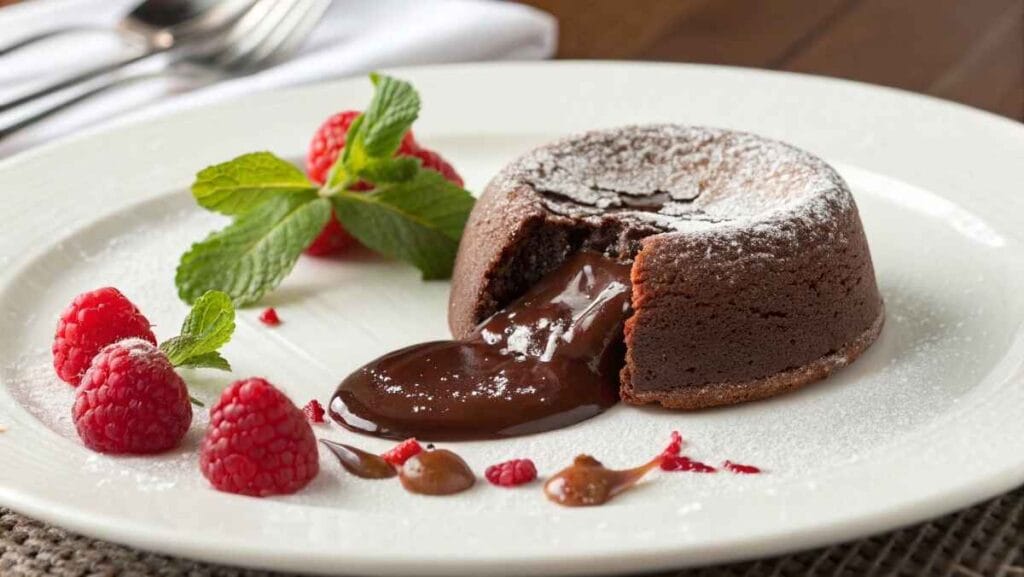 How to Make Perfect Mini Strawberry Cheesecakes at Home 11 A Chocolate Fondant with a gooey molten center, garnished with powdered sugar, raspberries, and mint on a dessert plate.