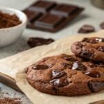 A close-up of a double chocolate chip cookie with melted chocolate chunks, resting on parchment paper with chocolate pieces and cocoa powder in the background.