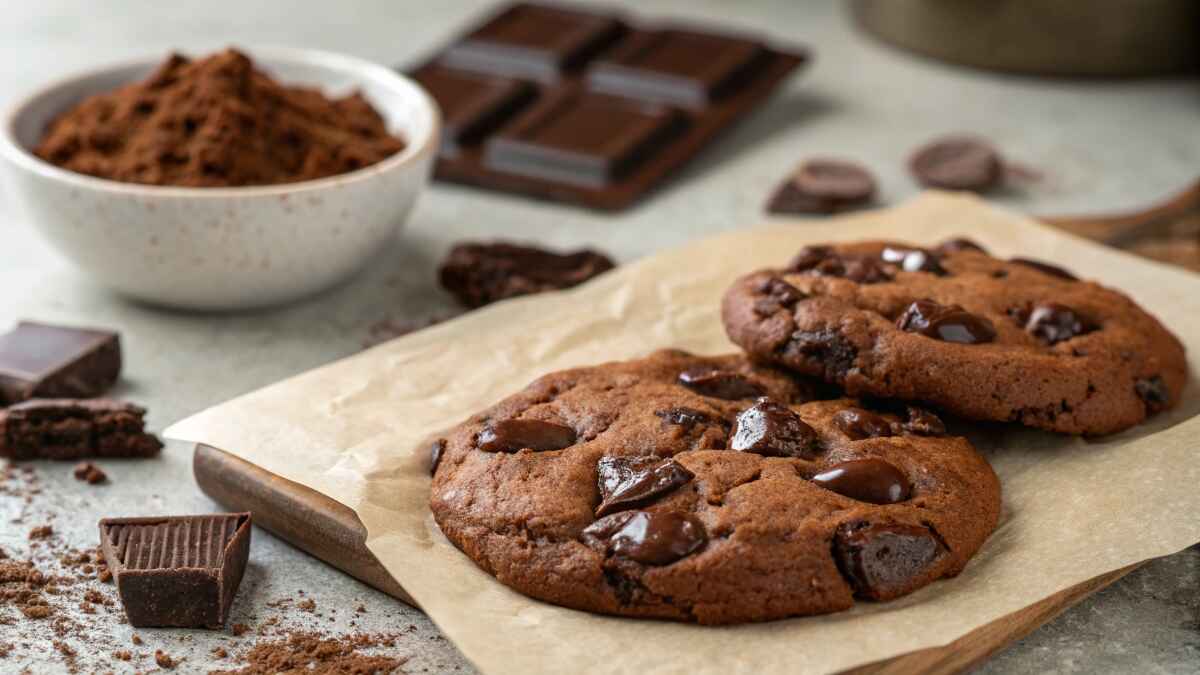 A close-up of a double chocolate chip cookie with melted chocolate chunks, resting on parchment paper with chocolate pieces and cocoa powder in the background.