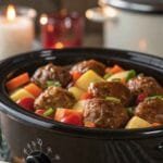 Sweet & Tangy Hawaiian Meatballs Made Easy in a Crock Pot 3 A close-up of a crockpot filled with glazed meatballs, colorful vegetables like carrots and potatoes, in a cozy, candlelit setting.