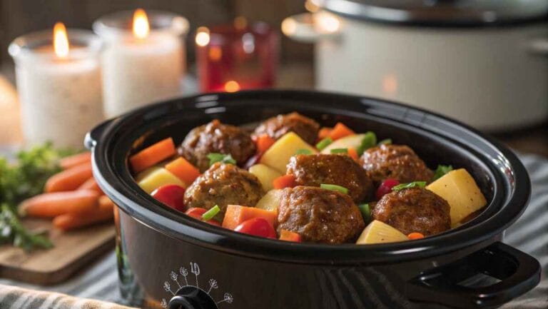 A close-up of a crockpot filled with glazed meatballs, colorful vegetables like carrots and potatoes, in a cozy, candlelit setting.