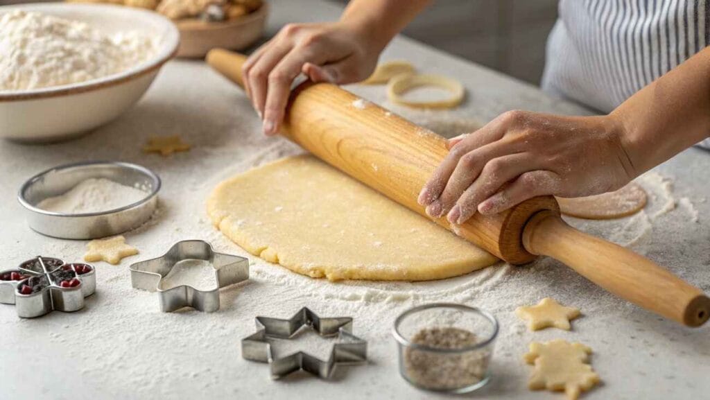 How to Make the Best Rolled Sugar Cookies for Any Occasion 8 "Hands rolling sugar cookie dough on a floured surface with cookie cutters and a wooden rolling pin."