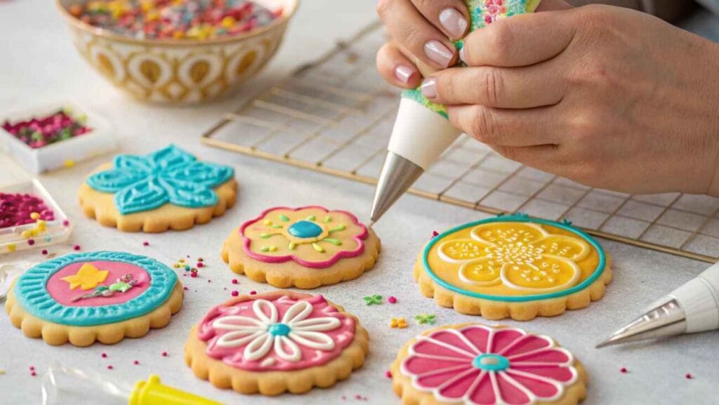 Hands decorating sugar cookies with royal icing in various colors, with sprinkles and piping tools nearby.