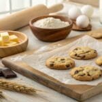 A cozy kitchen setup with freshly baked cookies on a parchment-lined wooden board surrounded by baking ingredients like butter, eggs, flour, and chocolate. Warm natural light illuminates the rustic scene.