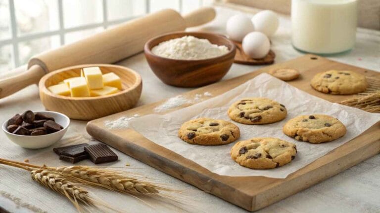 A cozy kitchen setup with freshly baked cookies on a parchment-lined wooden board surrounded by baking ingredients like butter, eggs, flour, and chocolate. Warm natural light illuminates the rustic scene.