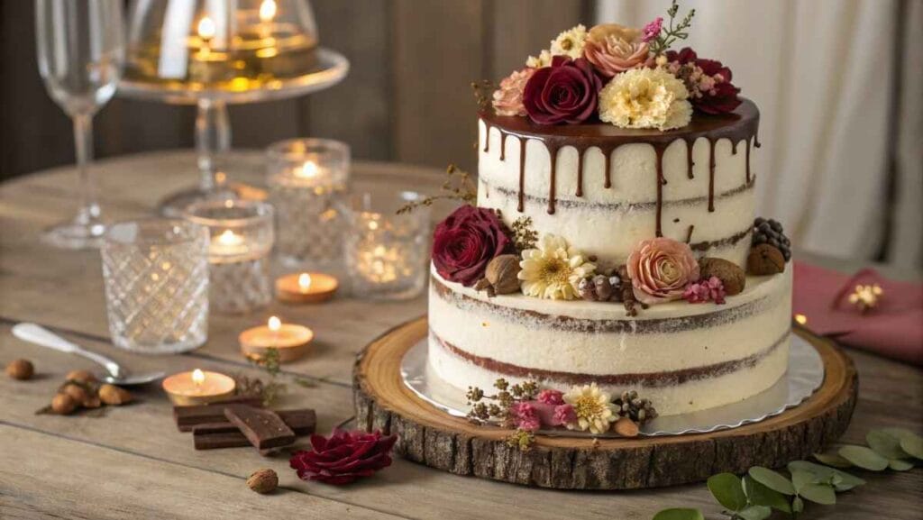 Decadent layered cake with buttercream frosting, chocolate drip, and floral decorations on a rustic table.