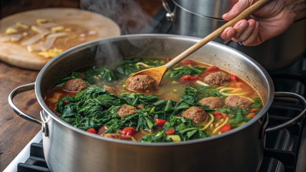 Minestra Maritata Italian Soup: Authentic Guide to Making This Traditional Italian Dish 10 Flat lay of fresh escarole, kale, and carrots on a rustic wooden surface, showcasing key ingredients used to prepare the traditional Maritata Italian Soup.