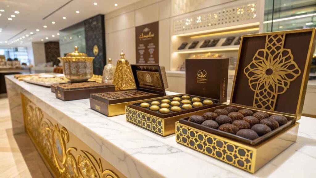 A luxurious display of premium chocolates with gold accents and intricate packaging in a Dubai boutique.