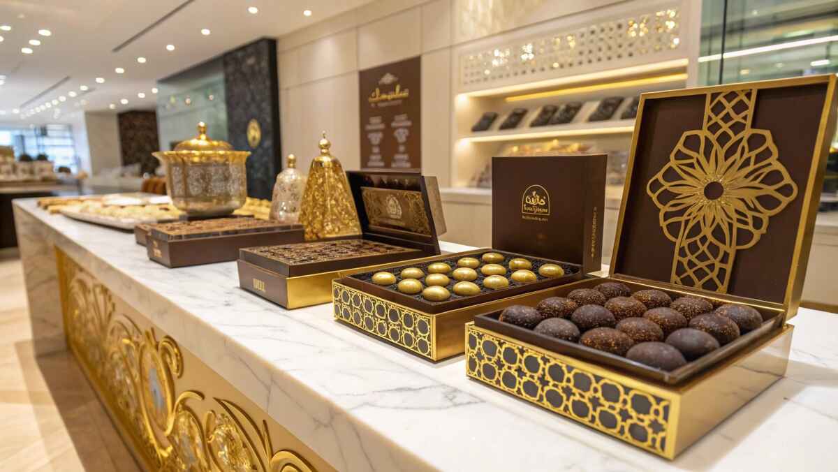 10 Dubai Chocolate Dreams: Unique, Luxurious, and Decadent Indulgences 1 A luxurious display of premium chocolates with gold accents and intricate packaging in a Dubai boutique.