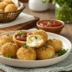 Golden mozzarella balls served with marinara sauce on a rustic plate.
