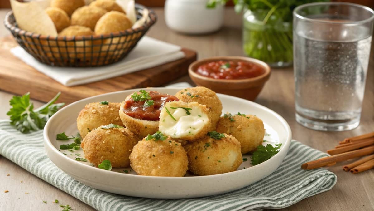 Mouthwatering Mozzarella Balls You’ll Love! 1 Golden mozzarella balls served with marinara sauce on a rustic plate.