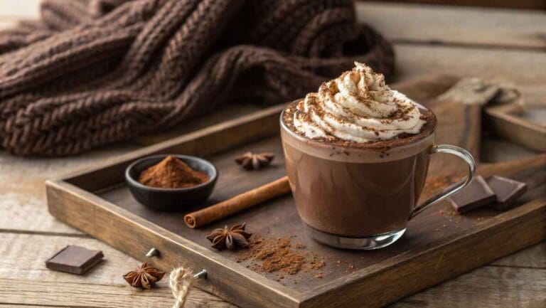 How to Make Perfect Mini Strawberry Cheesecakes at Home 12 A mug of hot chocolate topped with whipped cream and cocoa powder, garnished with a cinnamon stick.