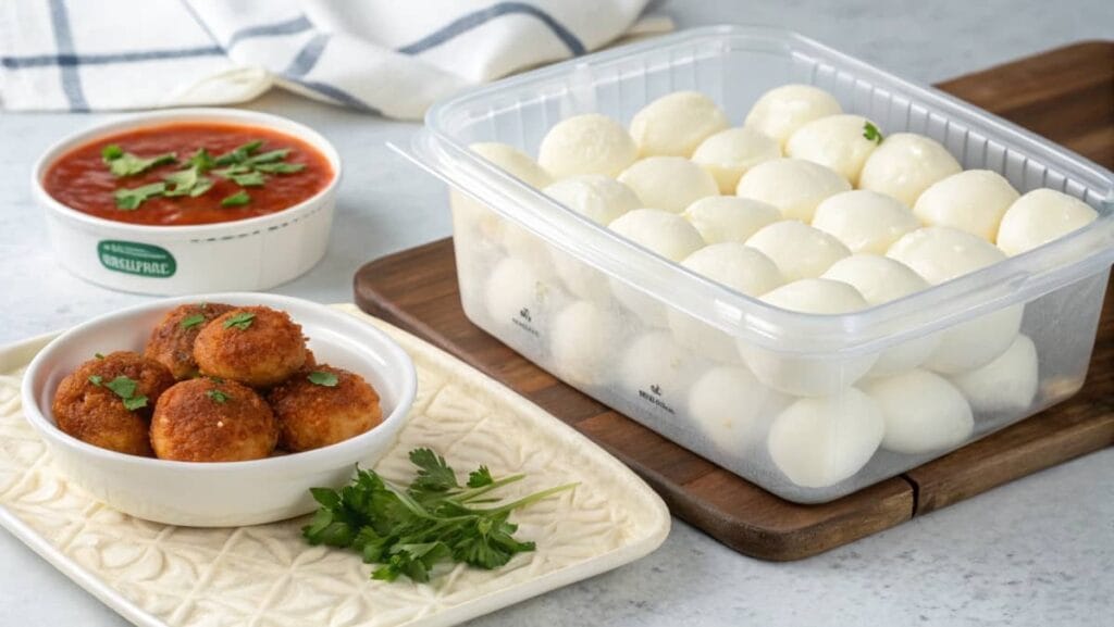 Mouthwatering Mozzarella Balls You’ll Love! 4 Mozzarella balls stored in a container alongside a serving plate of reheated ones.