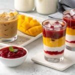 A collection of dessert and drink shots in glass cups, featuring layered mango custard, red berry sauce, and iced coffee with ice cubes. Bright and minimalistic presentation.