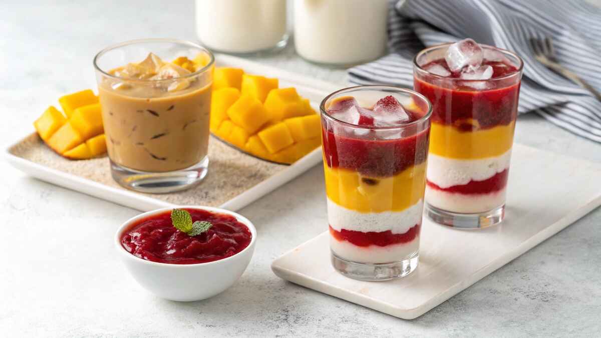The Best Breakfast Shot Recipe: A Morning Must-Have 1 A collection of dessert and drink shots in glass cups, featuring layered mango custard, red berry sauce, and iced coffee with ice cubes. Bright and minimalistic presentation.