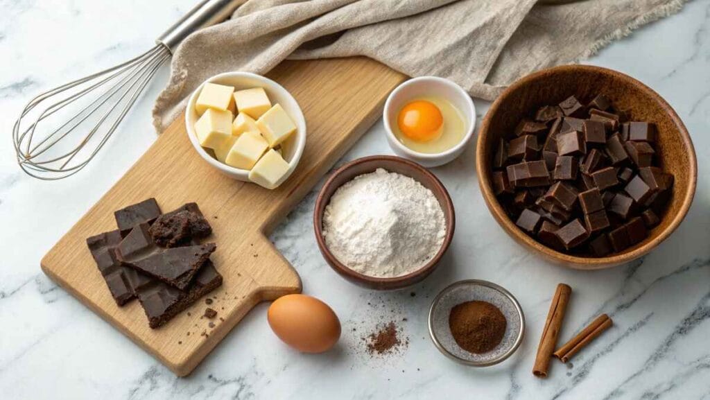 7 Steps to Make the Best Chocolate Fondant Like a Pro 9 Ingredients for Chocolate Fondant , including chocolate chunks, butter, eggs, sugar, flour, and a whisk, arranged on a marble surface.