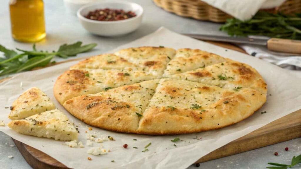 10 Mouthwatering Gluten Free Pizza Recipes You Need to Try 4 Freshly baked golden-brown cottage cheese flatbread with a bowl of creamy dip on a rustic plate.