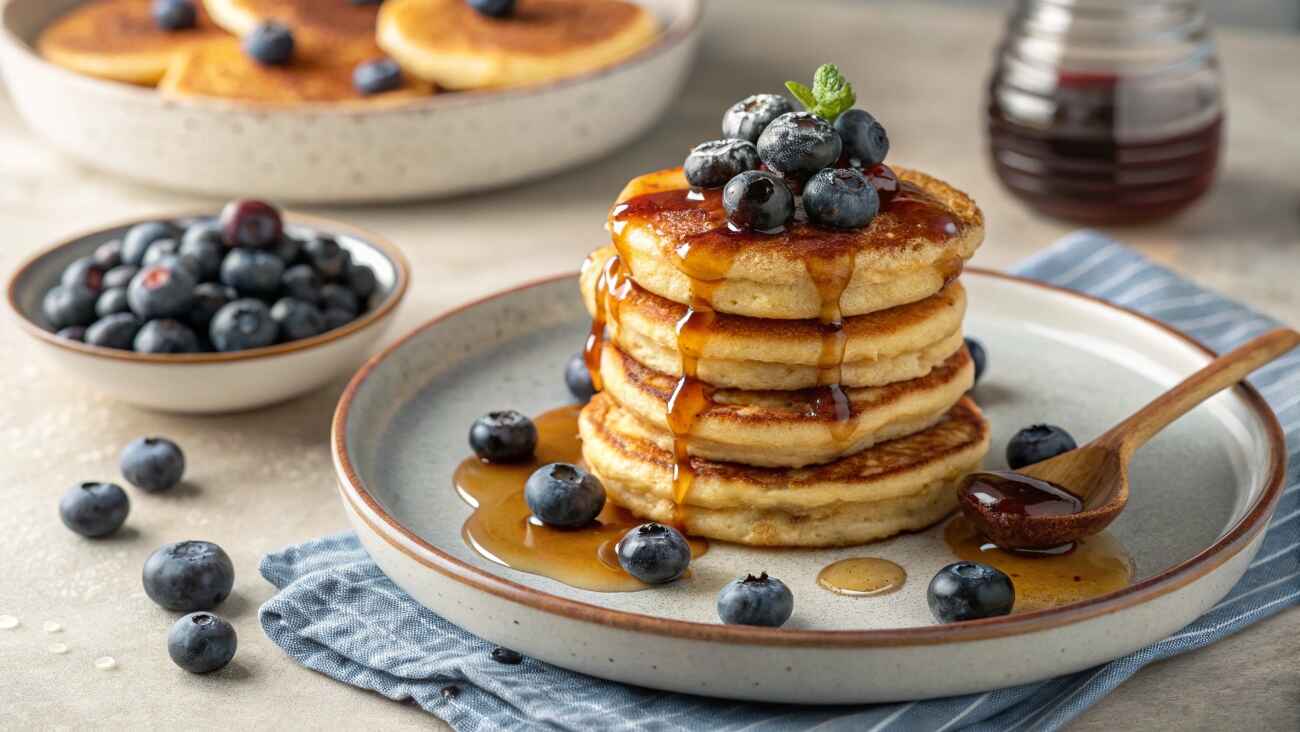 Fluffy mini pancakes stacked with blueberries and syrup.