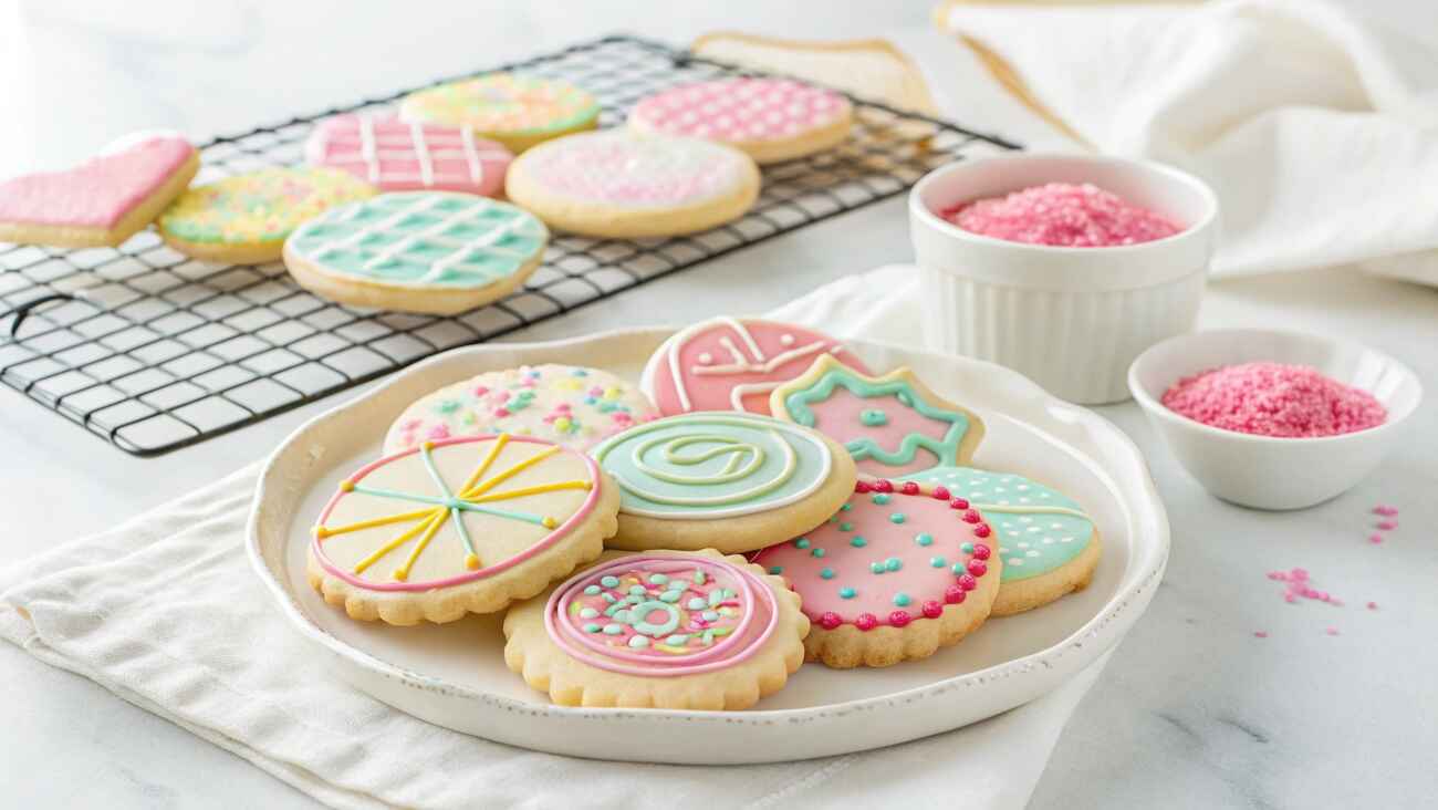 A platter of rolled sugar cookies with vibrant icing and sprinkles, surrounded by baking tools on a rustic wooden table.