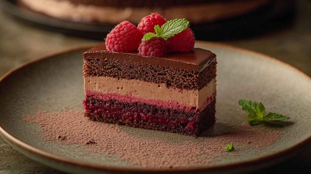Slice of layered cake with chocolate sponge, raspberry compote, and mousse filling, garnished with fresh raspberries.
