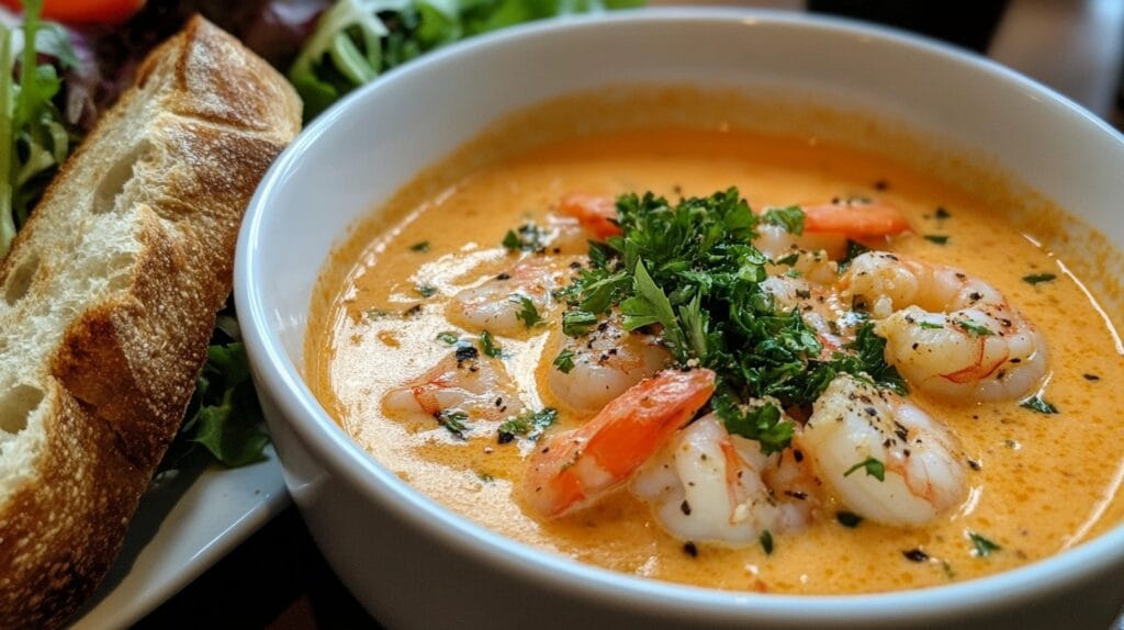 The Ultimate Creamy Shrimp Soup You Must Try! 4 Creamy shrimp soup with bread and salad.