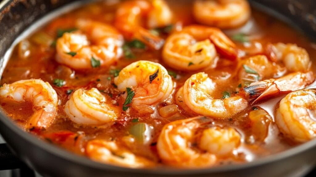 The Ultimate Creamy Shrimp Soup You Must Try! 3 Creamy shrimp soup simmering on a stovetop