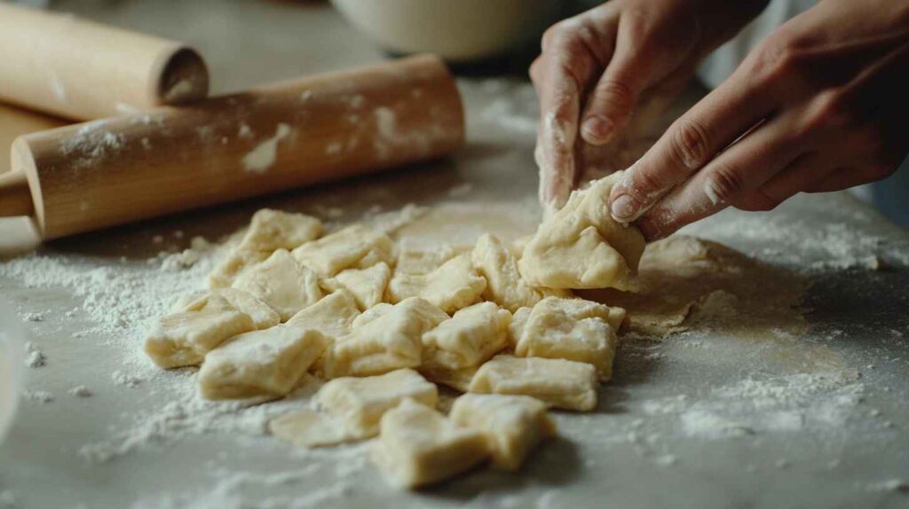 How To Make Vanilla French Beignets 13 Hands kneading beignet dough on a floured surface with baking tools nearby