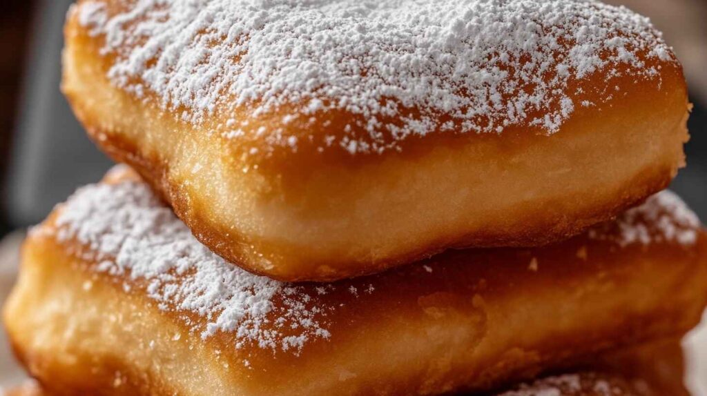 "Golden brown vanilla French beignets dusted with powdered sugar on a wooden table beside a cup of café au lait."