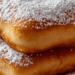How To Make Vanilla French Beignets 17 "Golden brown vanilla French beignets dusted with powdered sugar on a wooden table beside a cup of café au lait."