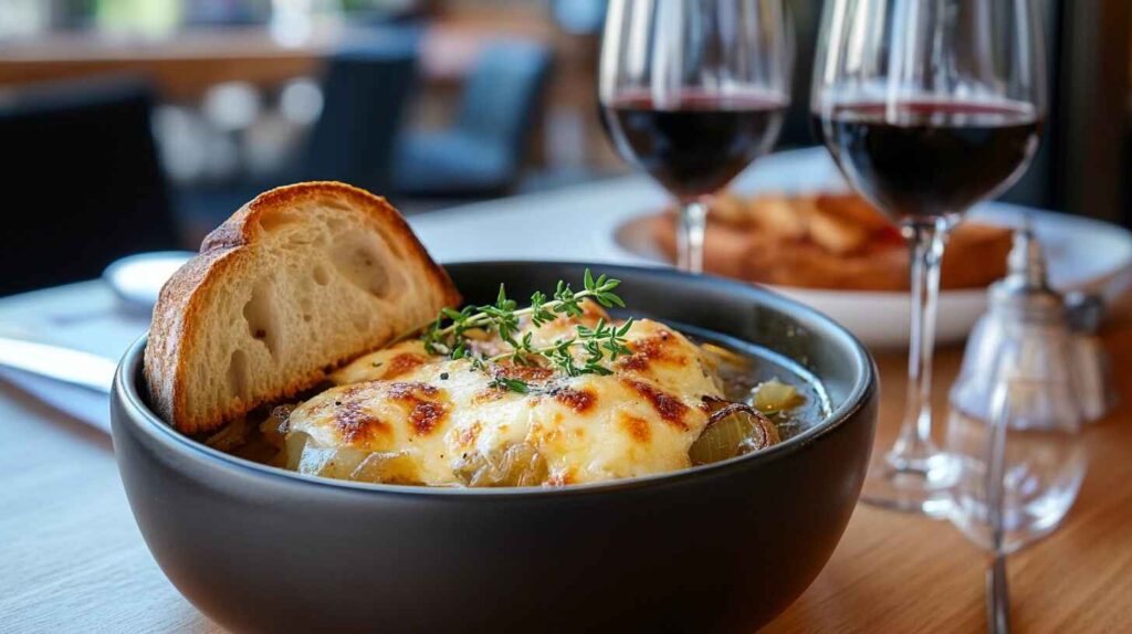 The Best French Onion Soup Recipe Traditional And Modern Variations 16 A beautifully presented bowl of French Onion Soup with bubbling cheese and fresh thyme garnish.