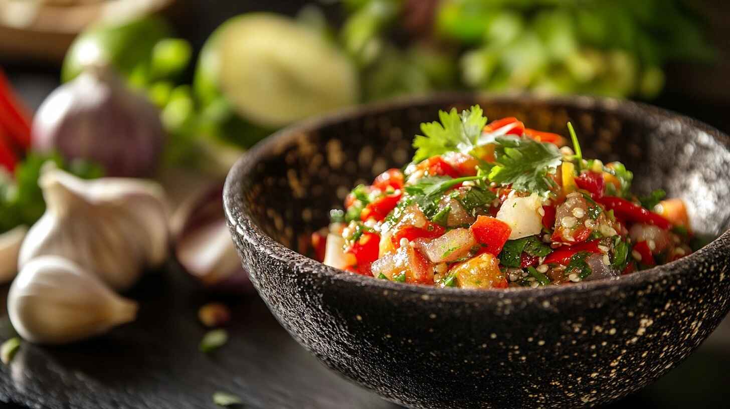 Thai Chili 101 Health Benefits, Recipes & Gardening Secrets 10 A rustic bowl filled with red and green Thai chili peppers, surrounded by Thai ingredients
