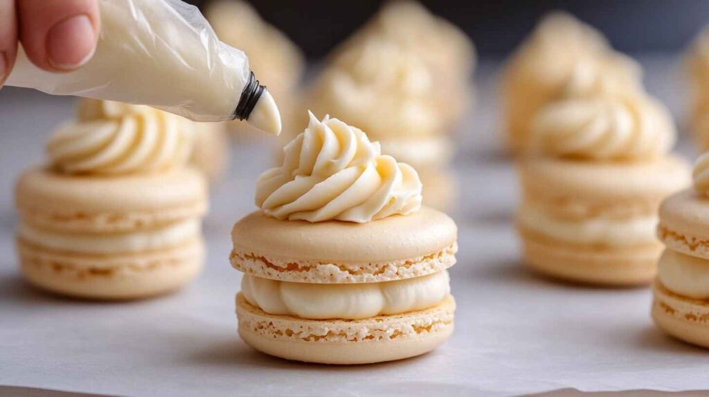 A baker piping silky French buttercream onto a macaron shell, highlighting the rich, smooth texture of the filling.