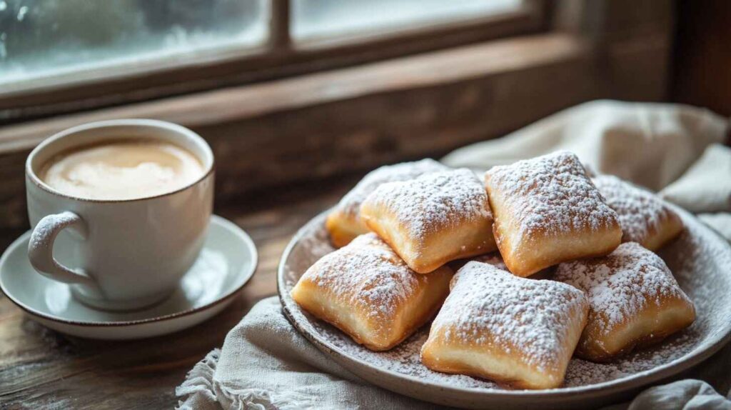 How To Make Vanilla French Beignets 16 Warm beignets generously dusted with powdered sugar on a serving tray